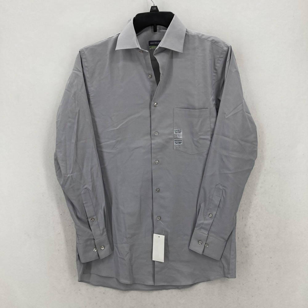 Van Heusen Shirt Mens Small Pearl Gray Regular Fit Stretch Long Sleeve Casual
